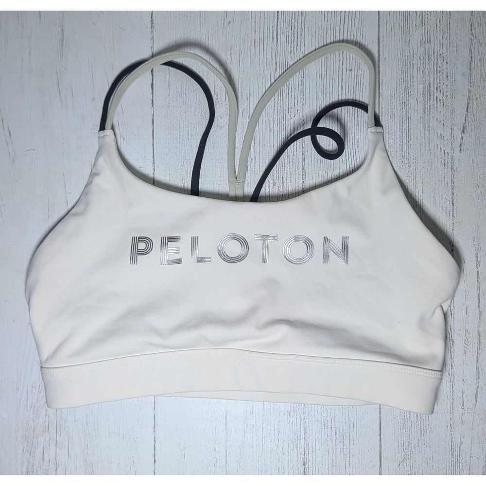 Peloton Womens Strappy Racerback Sports Bra Cream Silver Logo Size S